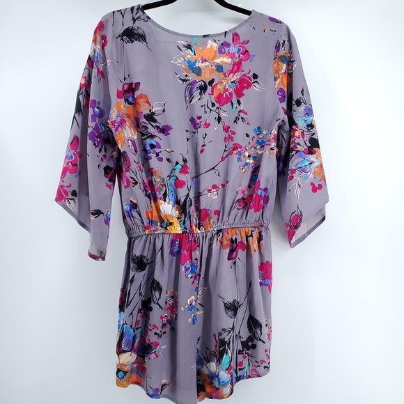 Umgee Bloomcore Boho Purple Kimono Sleeve Romper Side Pockets Elastic Waist  M - Picture 7 of 9